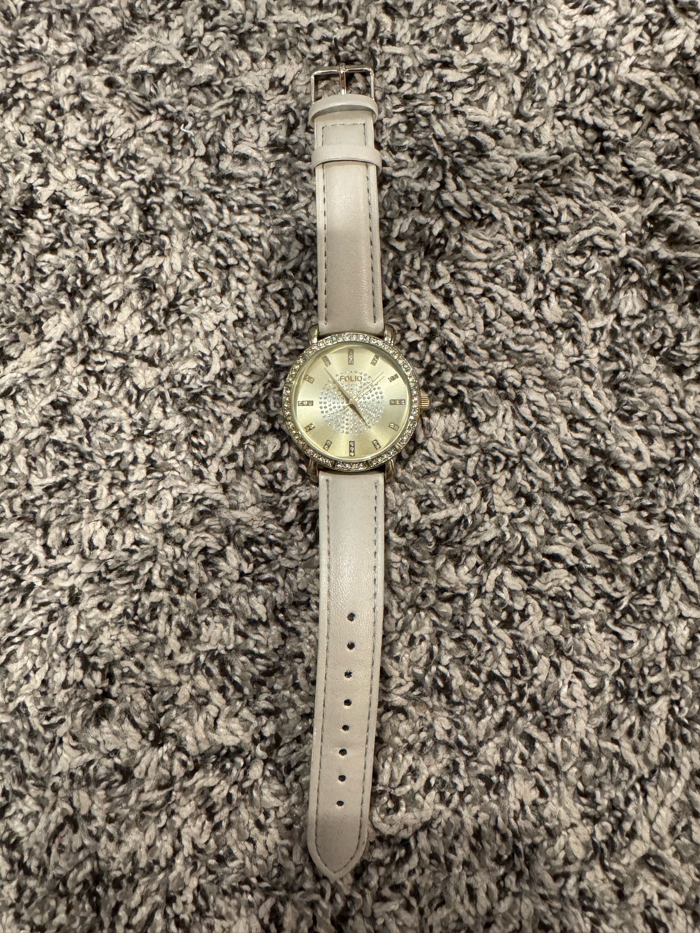 Crystal Accent Round Face Watch with Ivory Strap